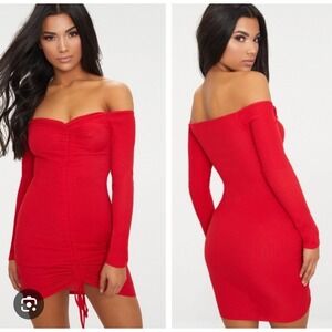 Pretty Little Thing Bodycon Dress Ruched Long Sleeve Red Mini Dress‎ USA 18